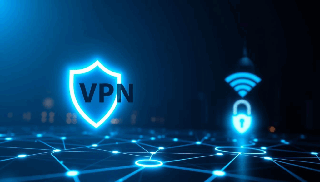 A glowing shield with "VPN" text appears on a digital network background, with icons of a padlock and Wi-Fi symbol, symbolizing secure internet connection and data protection. | TRWHO.com