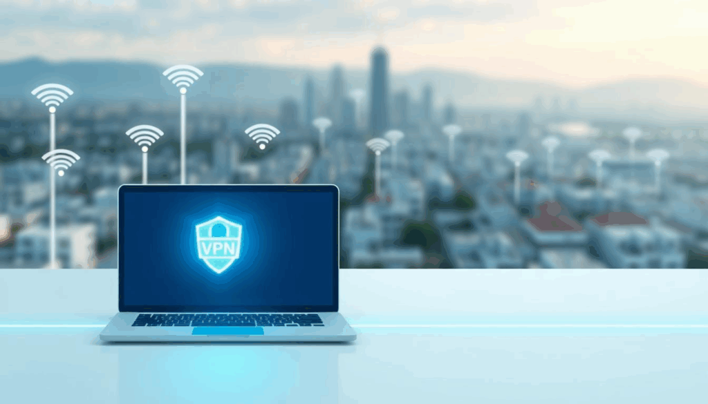 A laptop displaying a glowing VPN shield icon sits on a desk, with a blurred cityscape and multiple Wi-Fi symbols in the background, symbolizing secure internet connections in an urban setting. | TRWHO.com