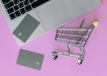 A small shopping cart, two gray bank cards, and a laptop are arranged on a pink surface, representing online shopping or e-commerce. | TRWHO.com